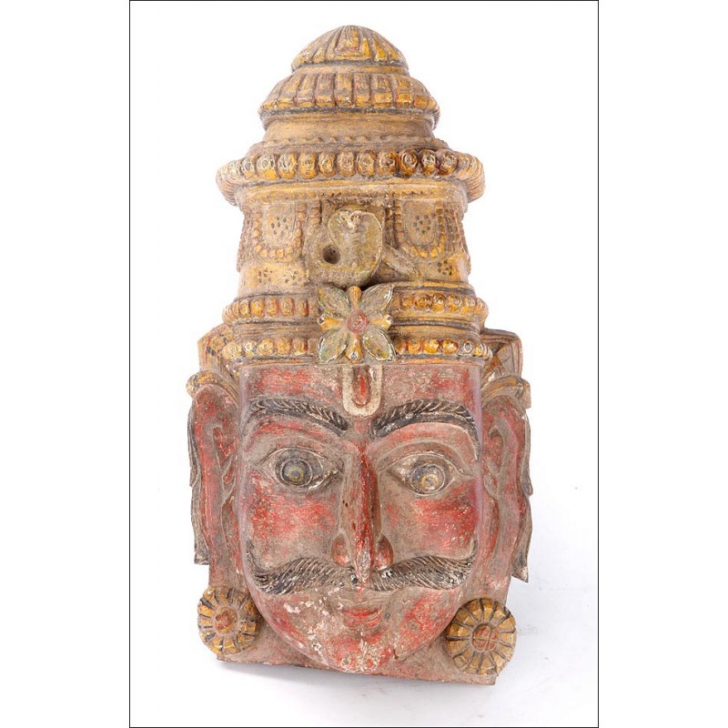Antique Solid Wood Carved and Polychrome Mask. Southeast Asia, Circa 1900