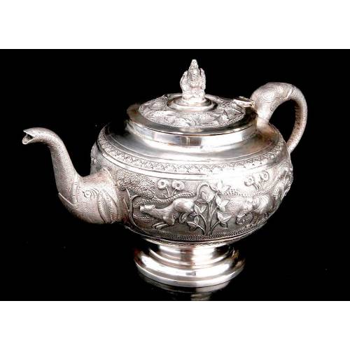 Antique Solid Silver Coffee Pot, Hand Decorated and Contrasted. Early 20th Century