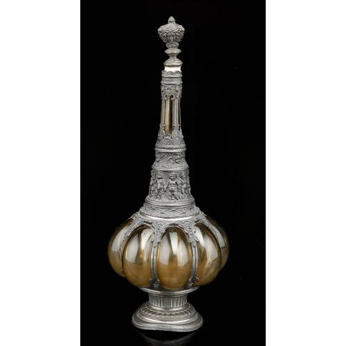 Antique Pewter and Blown Glass Liquor Bottle. Central Europe, XIX Century