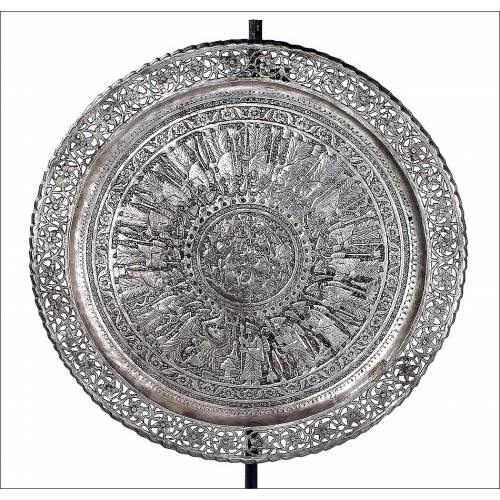 Wonderful Silver Plated Copper Tray, Hand Embossed. Persia, Circa 1900