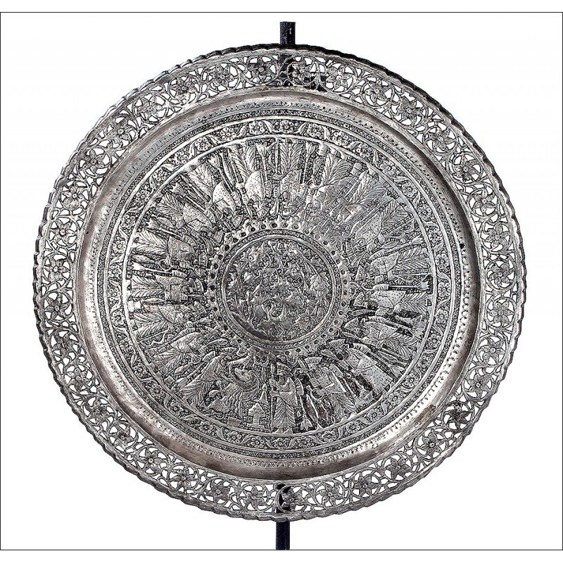 Wonderful Silver Plated Copper Tray, Hand Embossed. Persia, Circa 1900