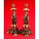 Pair of Decorative Patinated Calamine and Bronze Candlesticks. 1880-1900.