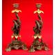 Pair of Decorative Patinated Calamine and Bronze Candlesticks. 1880-1900.