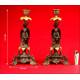 Pair of Decorative Patinated Calamine and Bronze Candlesticks. 1880-1900.