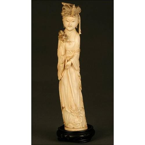 Chinese Ivory Figure. 1920. Hand Carved. Wooden Stand with Certificate.