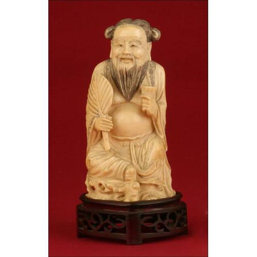 Delicada Figura China de Marfil del Dios Zhongli Quan. Circa 1920