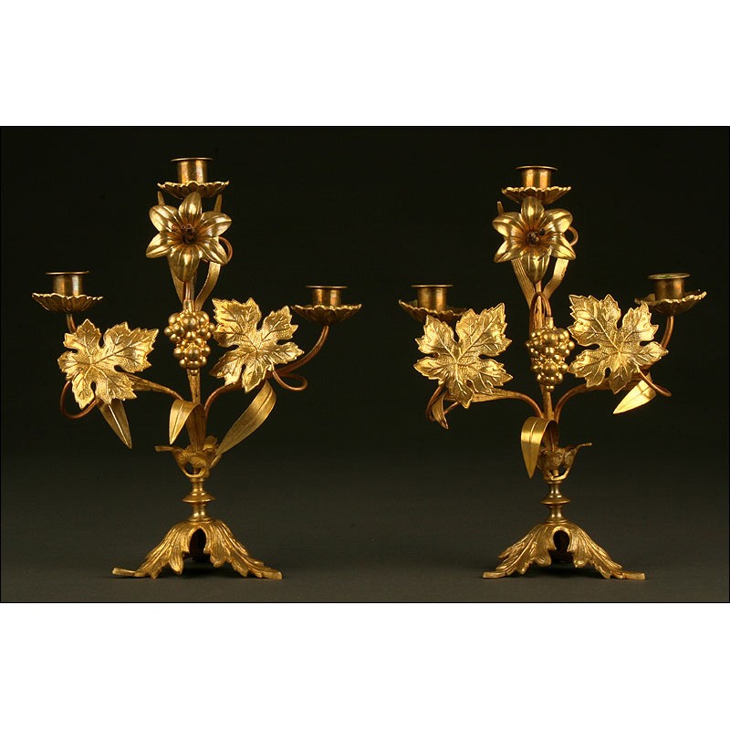 Pair of Gilded Brass Candlesticks. 1900. Handmade with Floral Motifs.